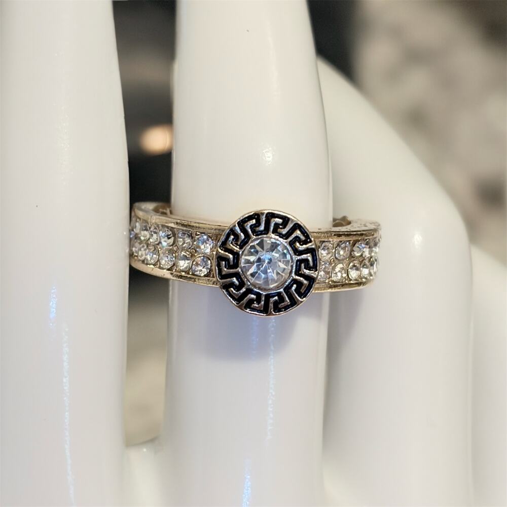 Gold Tone Greek Key Crystal CZ Stretch Ring Statement Cocktail New